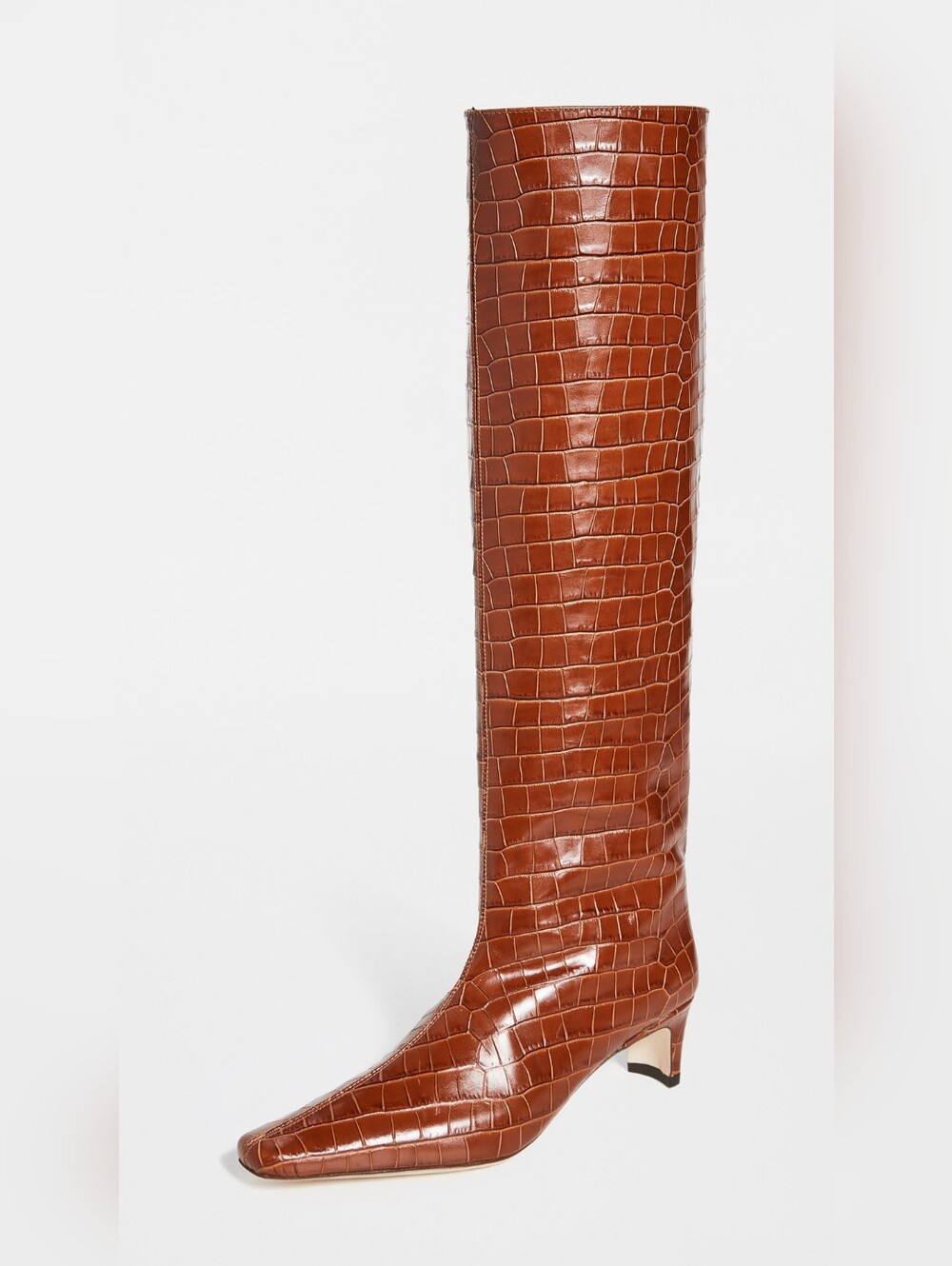 Espresso Staud wally knee high square toe heel boot in espresso croco, 7